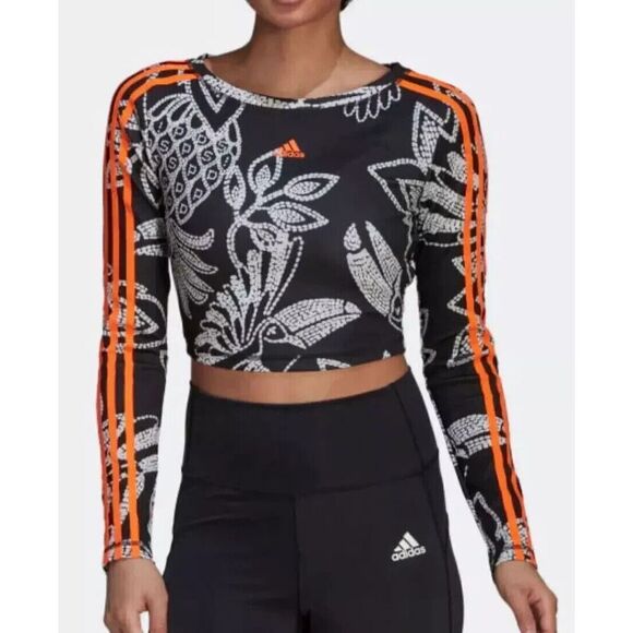 Adidas HI5217 Women's Sz L Black/Orange Farm Rio Allover Print Cropped L/S Top - Picture 6 of 7